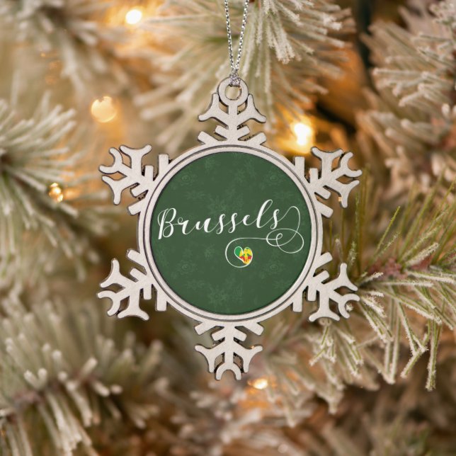 City of Brussels Flag In Heart Snowflake Pewter Christmas Ornament (Tree)
