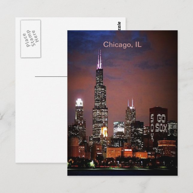 City of Chicago Illinois Night Skyline Postcard (Front/Back)