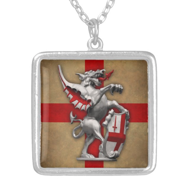 City of London Dragon Square Silver Necklace (Front)