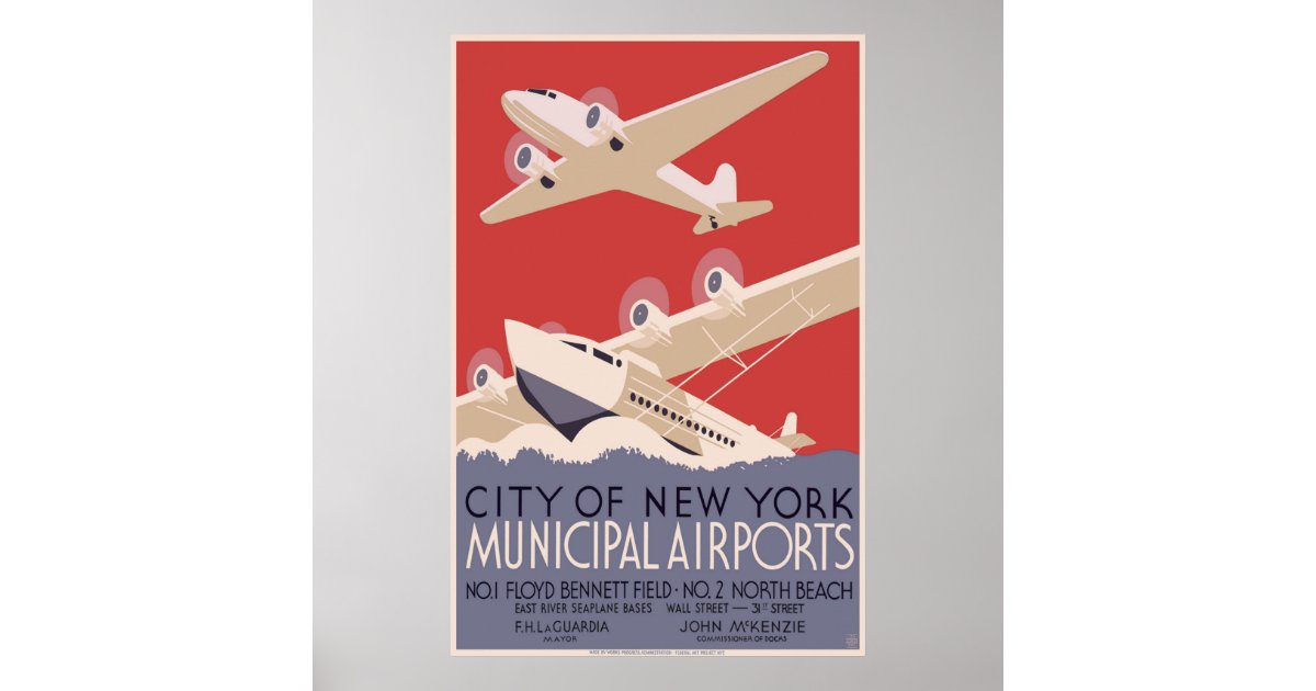 4 sizes, matte+glossy avail City of New York Municipal Airports Vintage Poster