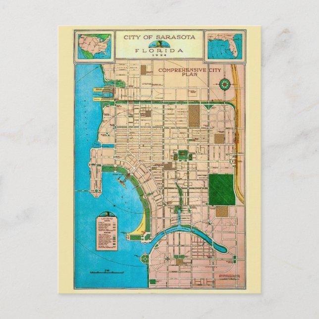 City of Sarasota Vintage Map Postcard (Front)