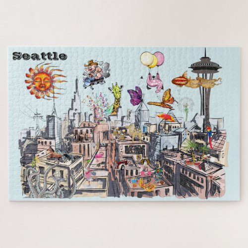 City of Seattle Surreal Pop Art Busy Jigsaw Puzzle