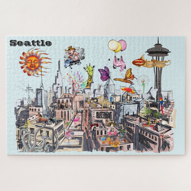 City of Seattle Surreal Pop Art Busy Jigsaw Puzzle (Horizontal)
