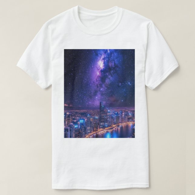 City of Stars: Futuristic Skyline Under a Galactic T-Shirt (Design Front)