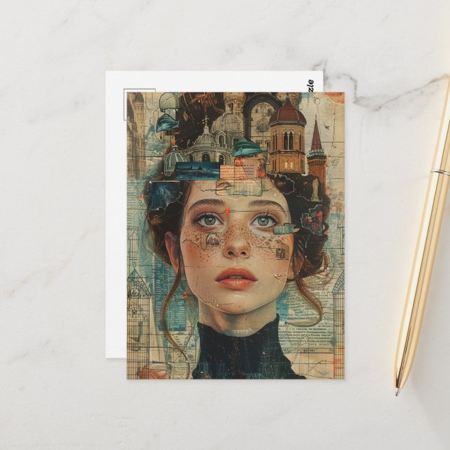 City on my Mind Woman Collage Postcard (Front/Back In Situ)