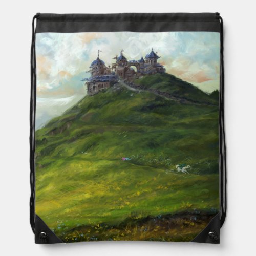 City on the mountains fantasy landscape fineart drawstring bag