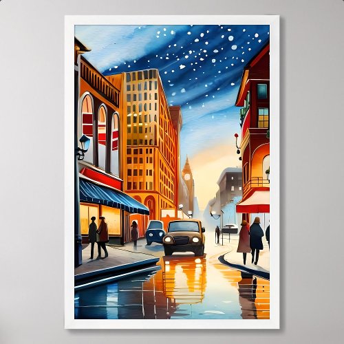 city painting colorful light night winter snow car poster