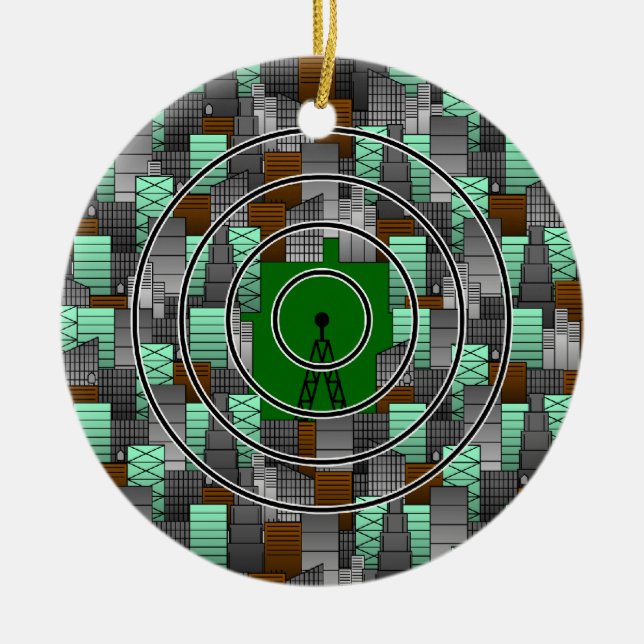 City Pattern with Radio Tower Ceramic Ornament (Front)