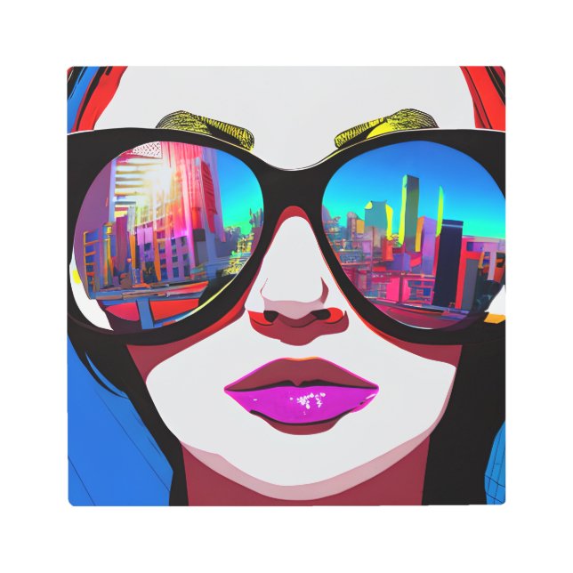 City Reflection in Sunglasses Woman Metal Print (Front)