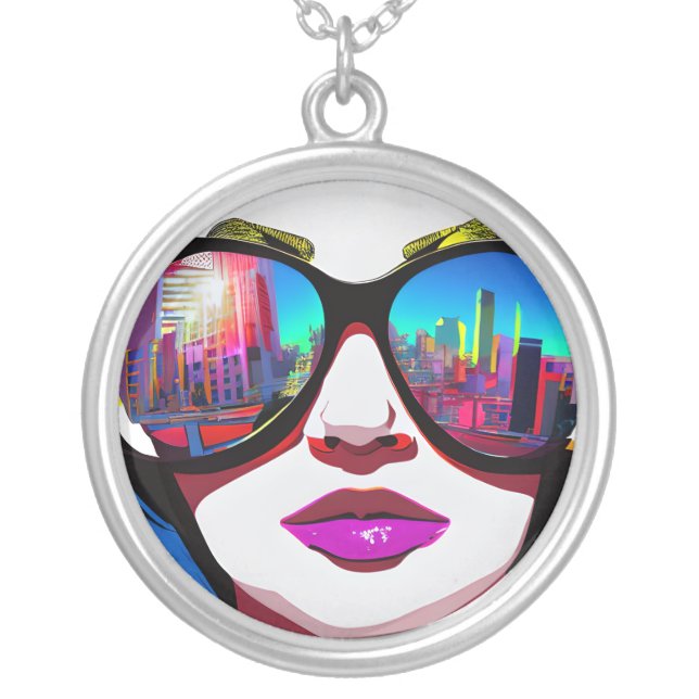 City Reflection in Sunglasses Woman Silver Plated Necklace (Front)