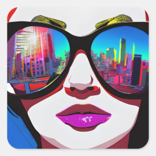 City Reflection in Sunglasses Woman Square Sticker
