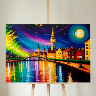 City River Evening Water Colorful Moon Stars Canvas Print