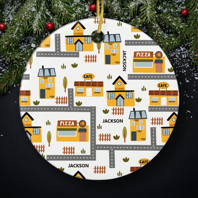 City Road Map Pattern for Kids Christmas Ceramic Ornament (Creator Uploaded)