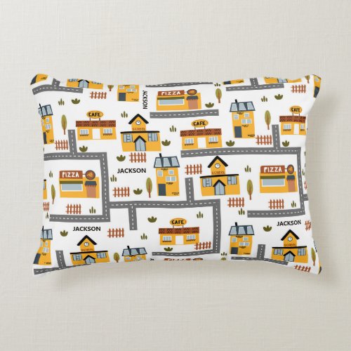 City Road Map Pattern for Kids Yellow and Gray Accent Pillow