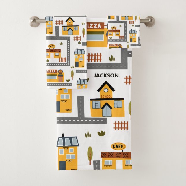 City Road Map Pattern for Kids Yellow and Gray Bath Towel Set (Insitu)