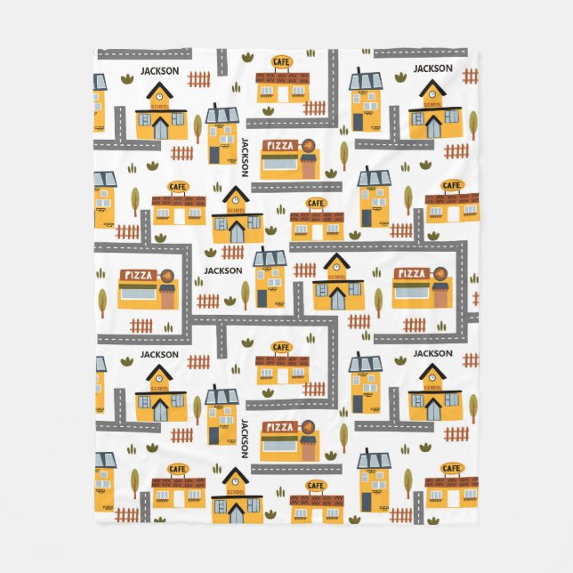 City Road Map Pattern for Kids Yellow and Gray Fleece Blanket (Front)