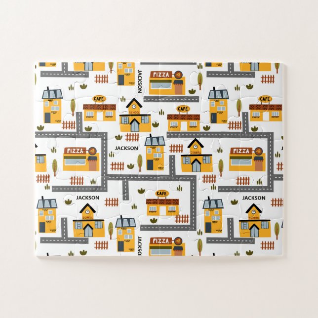 City Road Map Pattern for Kids Yellow and Gray Jigsaw Puzzle (Horizontal)