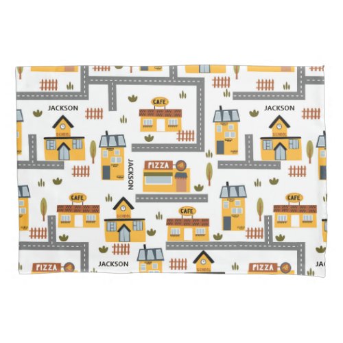 City Road Map Pattern for Kids Yellow and Gray Pillow Case