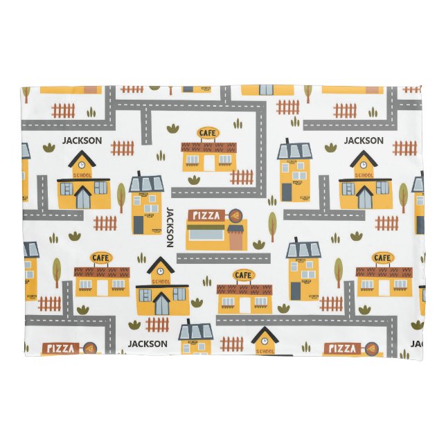 City Road Map Pattern for Kids Yellow and Gray Pillow Case (Front)