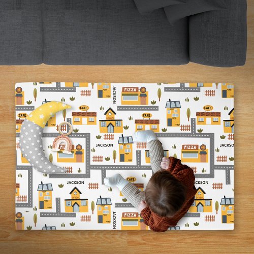 City Road Map Pattern for Kids Yellow and Gray Rug