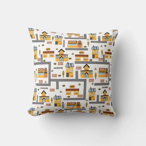 City Road Map Pattern for Kids Yellow and Gray Throw Pillow