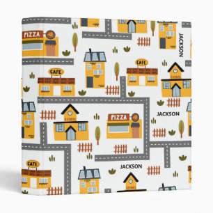 City Road Map Pattern Yellow and Gray Kids School 3 Ring Binder