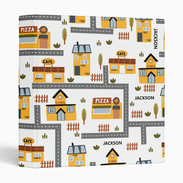 City Road Map Pattern Yellow and Gray Kids School 3 Ring Binder (Front/Spine)
