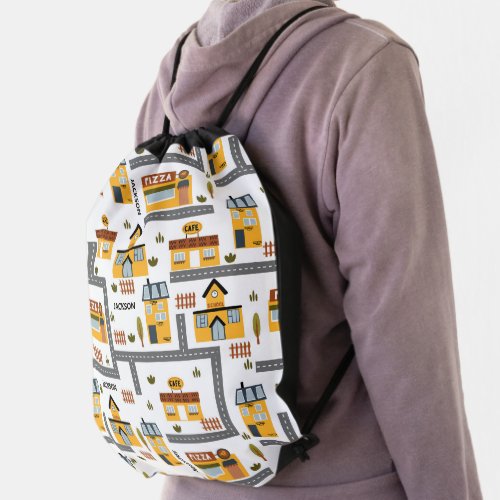 City Road Map Pattern Yellow and Gray Kids School Drawstring Bag