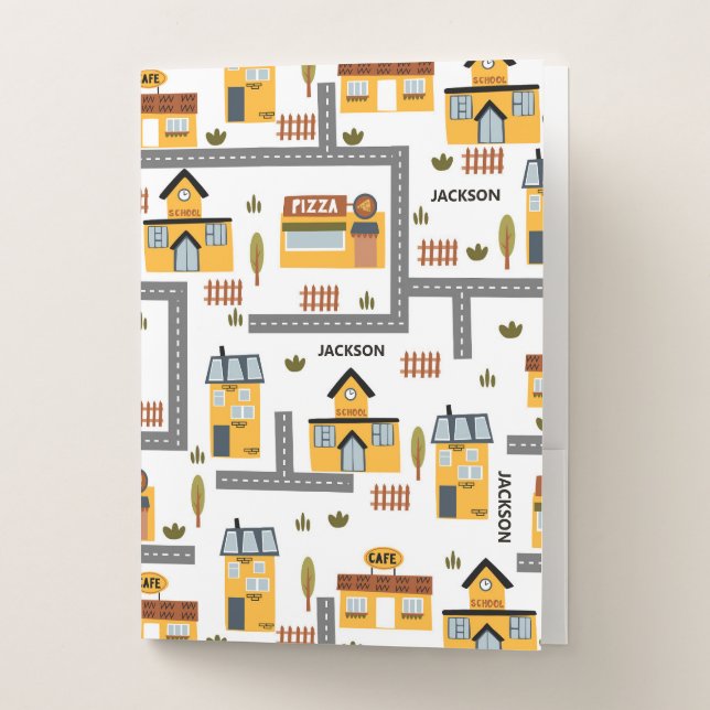 City Road Map Pattern Yellow and Gray Kids School Pocket Folder (Front)