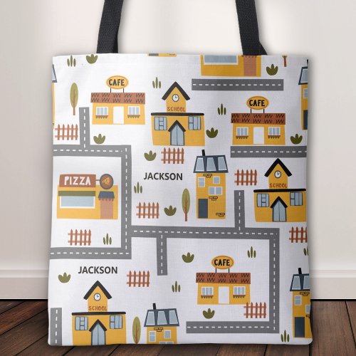 City Road Map Pattern Yellow and Gray Kids School Tote Bag