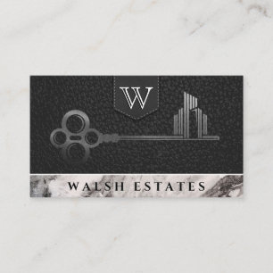 City Skeleton Key Leather Marble Monogram Business Card