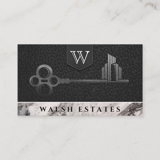 City Skeleton Key | Leather Marble | Monogram Business Card (Front)
