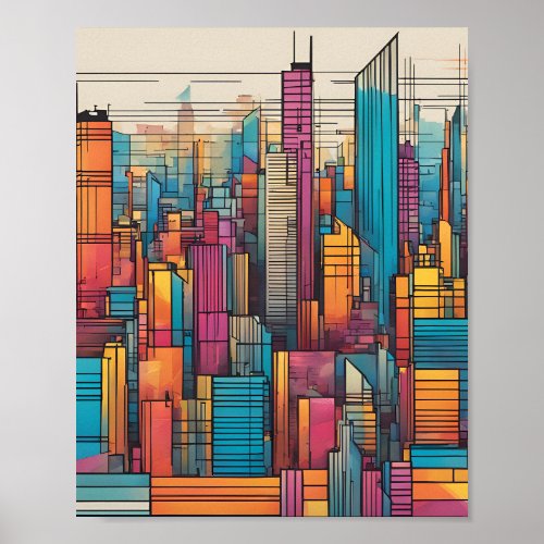 City Skyline Adorned with Colorful Lines Poster