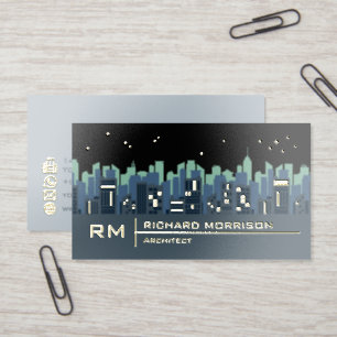 City Skyline at Night Steel Blue Architect Foil Business Cards