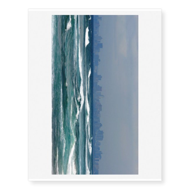 City Skyline behind the waves of the ocean Temporary Tattoos (Front)