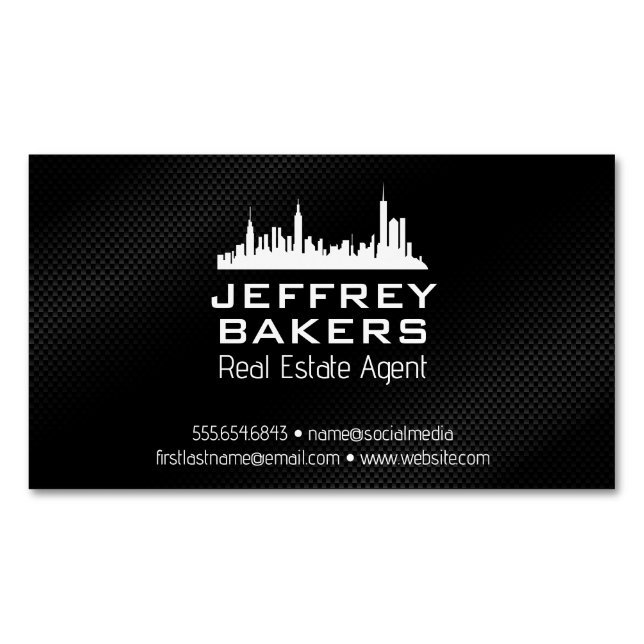 City Skyline | Black Texture Business Card Magnet (Front)
