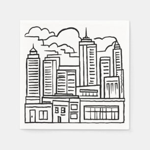 City Skyline Black & White Drawing Napkins