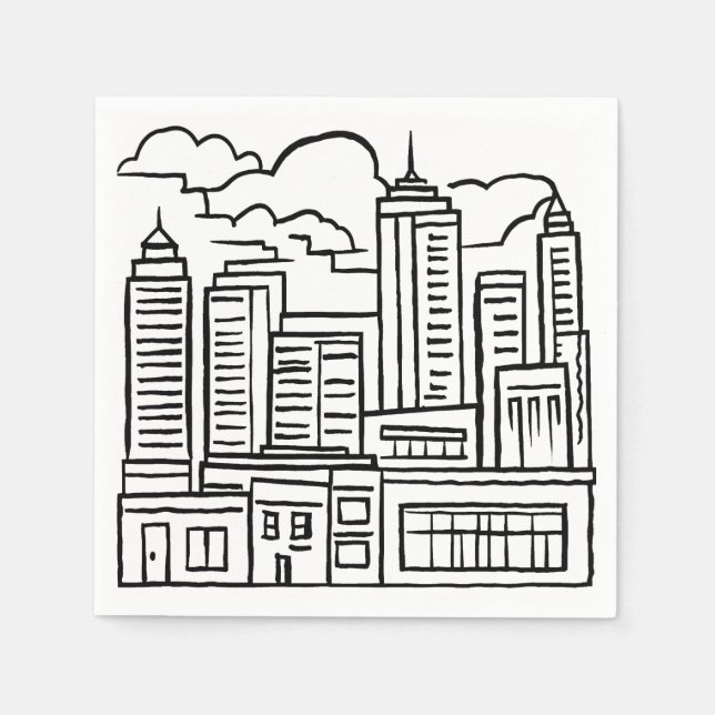 City Skyline Black & White Drawing Napkins (Front)