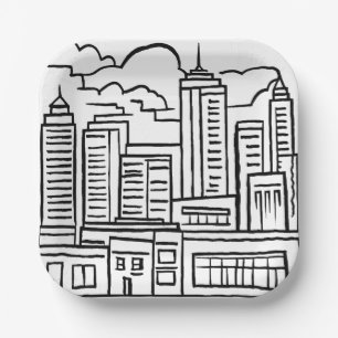 City Skyline Black & White Drawing Paper Plates