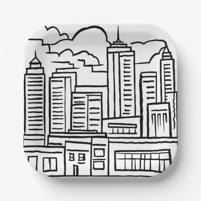 City Skyline Black & White Drawing Paper Plates (Front)