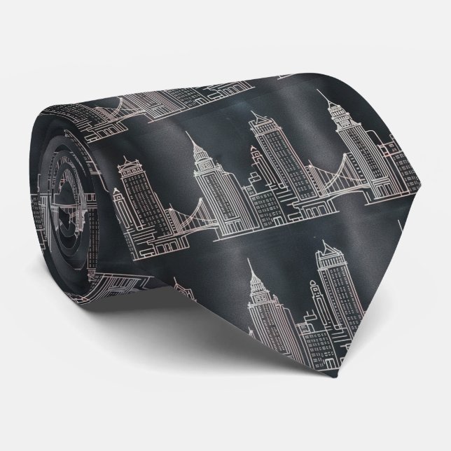 City Skyline Line Art Pattern Neck Tie (Rolled)