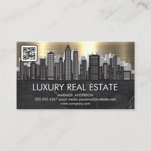 City Skyline Metallic Gold Marble QR Code Business Card