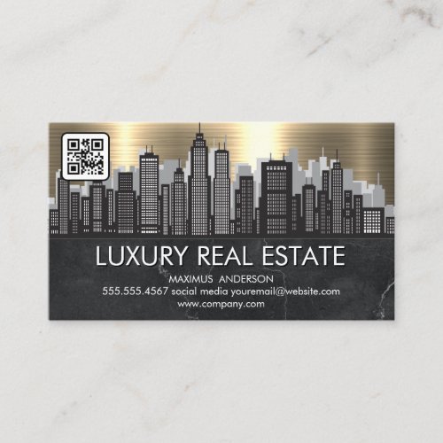 City Skyline  Metallic Gold Marble  QR Code Business Card