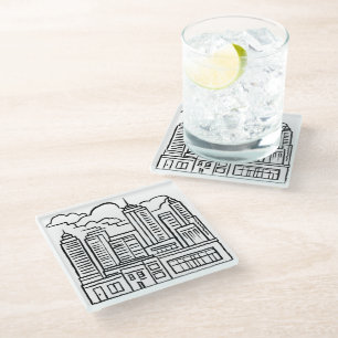 City Skyline Pen Drawing Glass Coaster