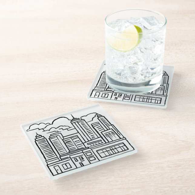 City Skyline Pen Drawing Glass Coaster (Angled)
