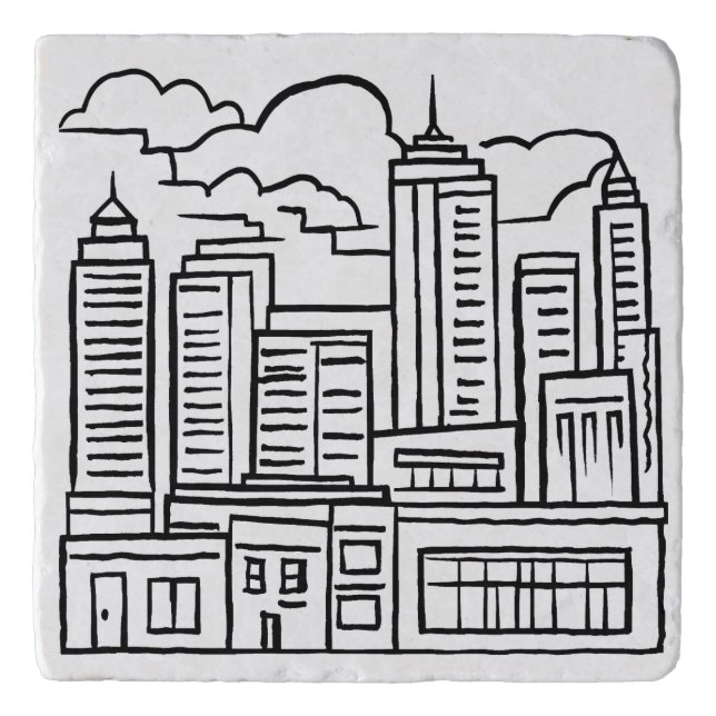 City Skyline Pen Drawing Trivet (Front)