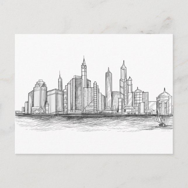 City Skyline Sketch Black And White Postcard (Front)
