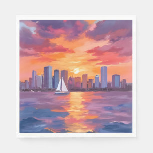 City Skyline Sunset Reflection Watercolor Painting Napkins