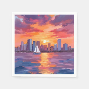 City Skyline Sunset Reflection Watercolor Painting Napkins
