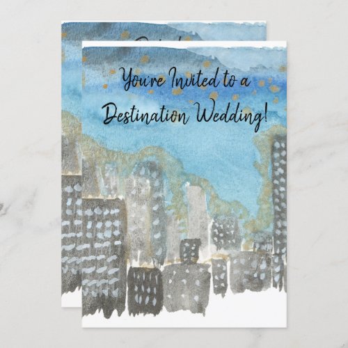 City Skyline Watercolor painting wedding invite